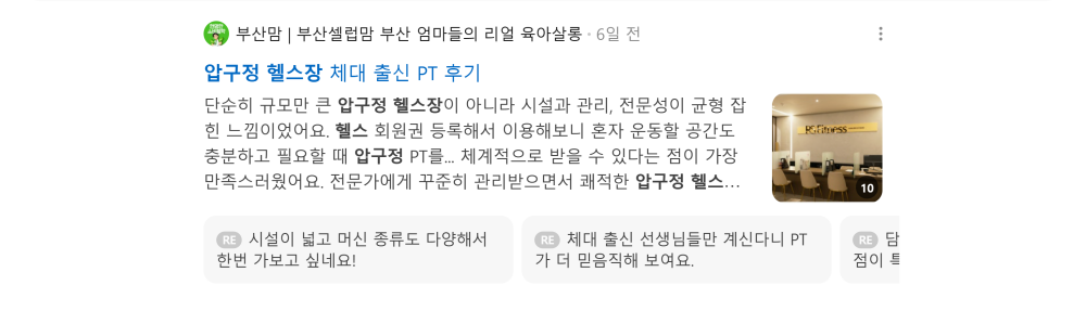 '압구정 헬스장' 검색 시 네이버 카페 영역 노출 화면