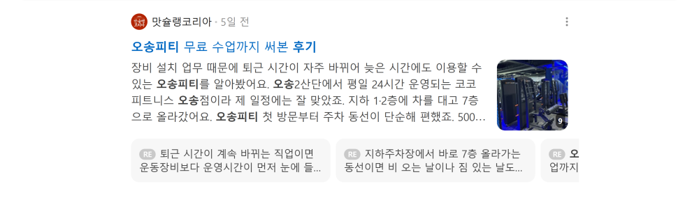 '오송피티 후기' 검색 시 네이버 카페 영역 노출 화면