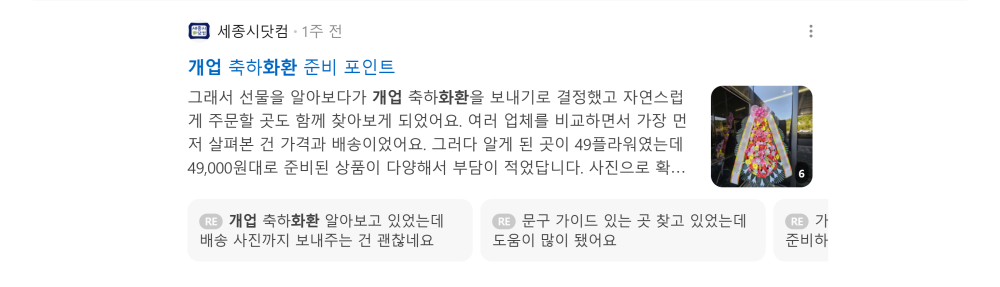'개업화환' 검색 시 네이버 카페 영역 노출 화면