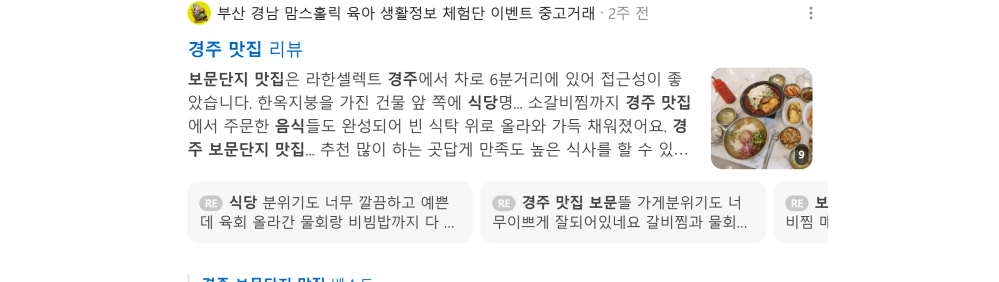 '경주 보문단지 맛집' 검색 시 네이버 카페 영역 노출 화면