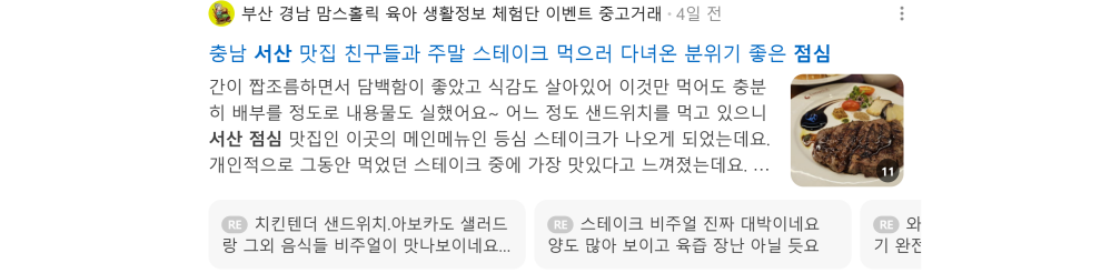'서산 점심' 검색 시 네이버 카페 영역 노출 화면