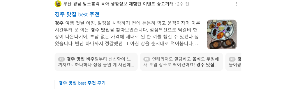 '경주 맛집 추천' 검색 시 네이버 카페 영역 노출 화면