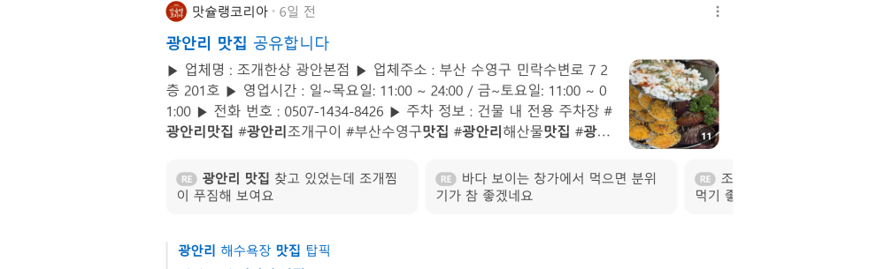 '광안리 맛집' 검색 시 네이버 카페 영역 노출 화면