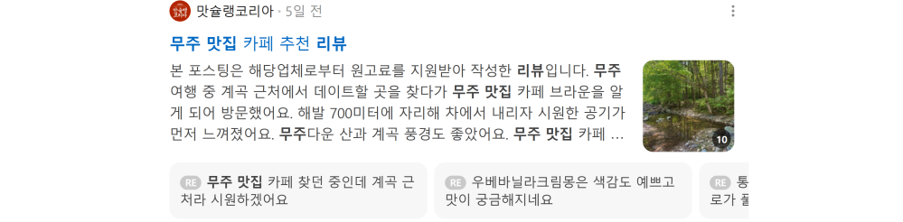 '무주 맛집 리뷰' 검색 시 네이버 카페 영역 노출 화면