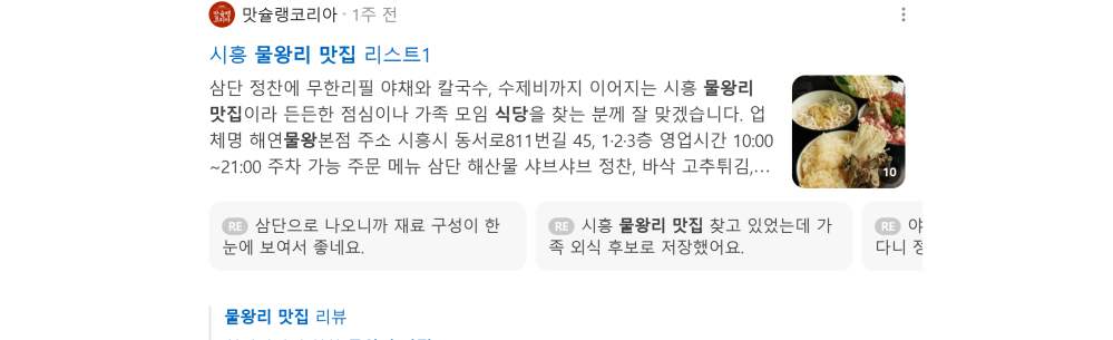 '물왕리 맛집' 검색 시 네이버 카페 영역 노출 화면