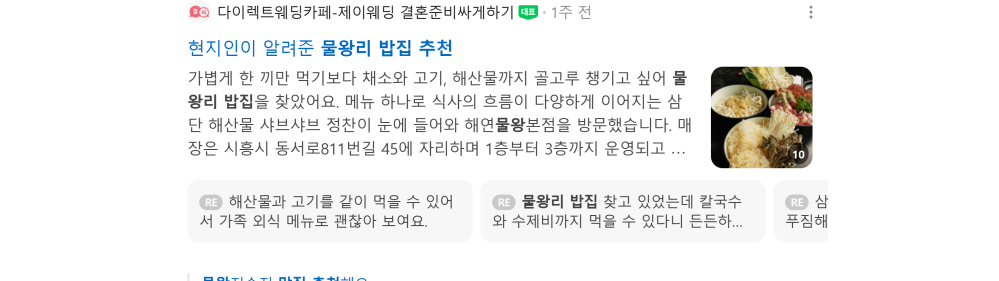 '물왕리 밥집 추천' 검색 시 네이버 카페 영역 노출 화면