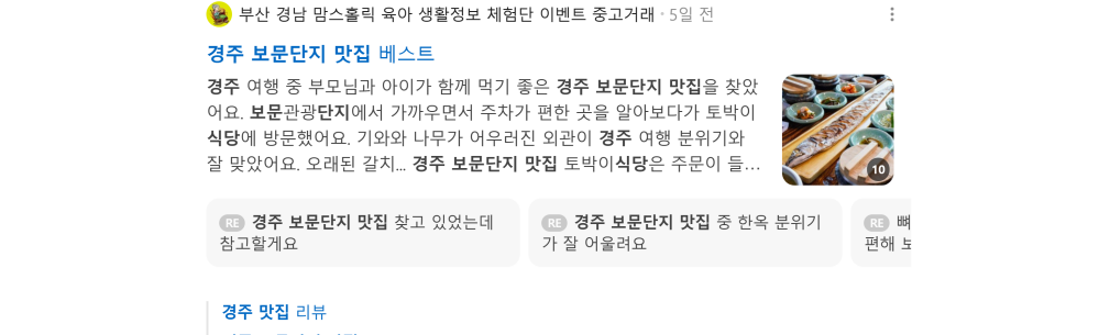 '보문단지 맛집' 검색 시 네이버 카페 영역 노출 화면